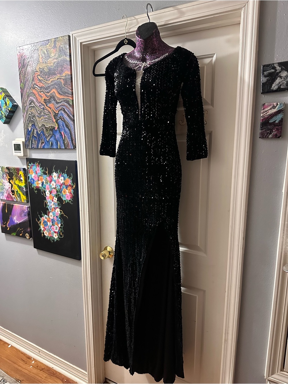 Black Sequin Long Sleeve Evening Gown by